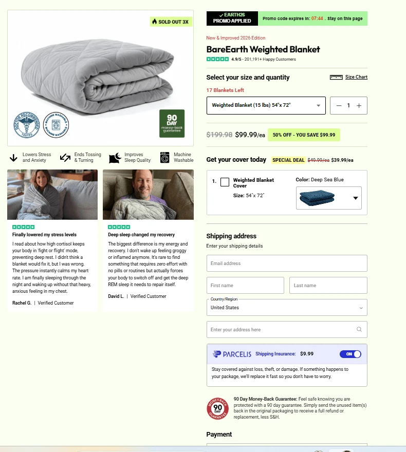 BareEarth Weighted Blanket check out page